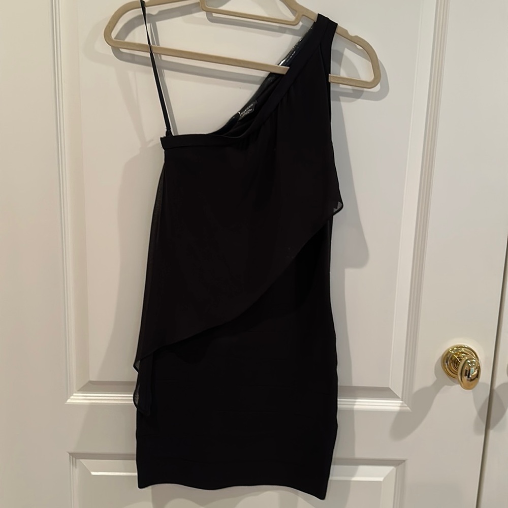 Bebe black body con 1 shoulder dress with sheer overlay